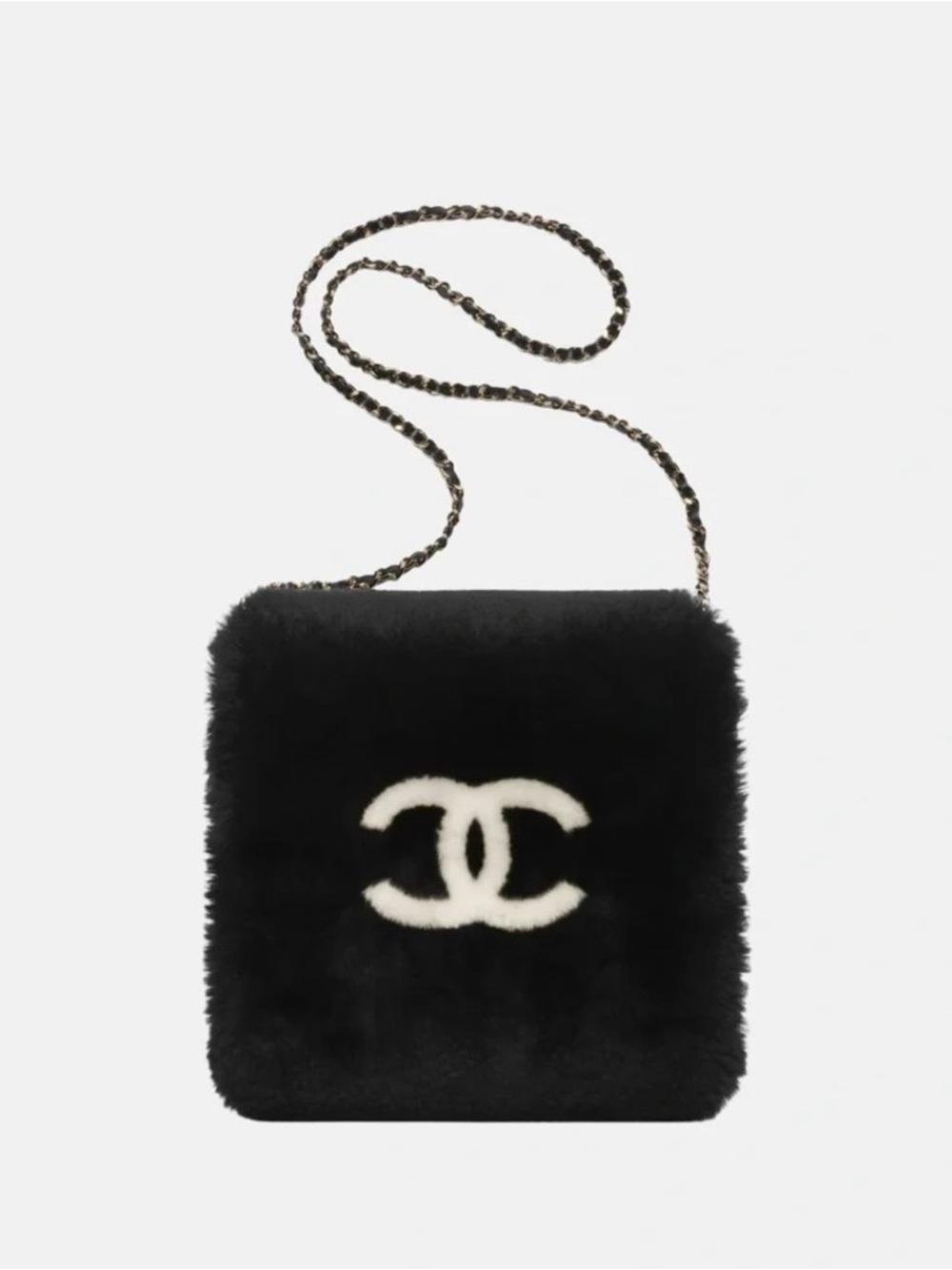 Double C Neige Collection Logo Black and White Faux Fur Muff Hand Warmer Bag